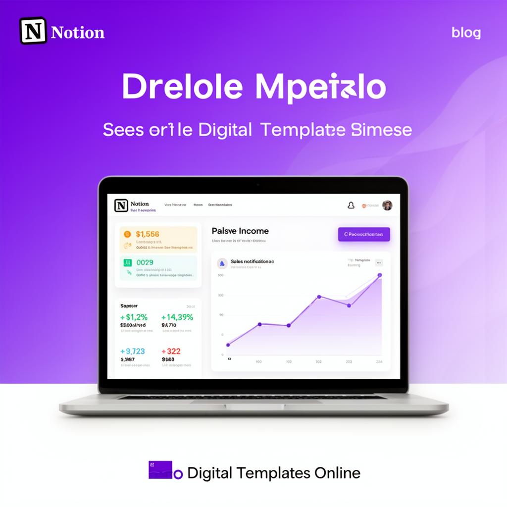 Creator selling Notion templates online showing a dashboard template preview on laptop with sales notification and passive income stats