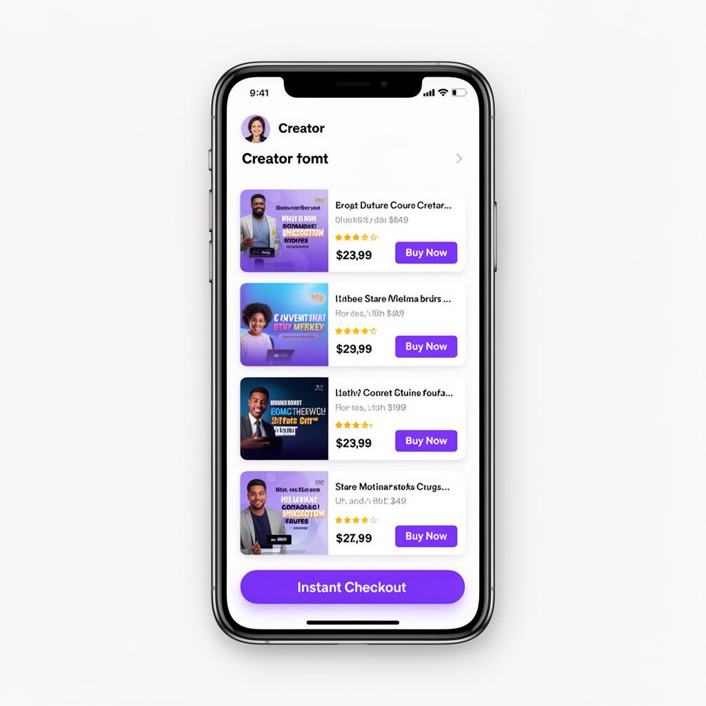 Mobile-first creator storefront with course listing and instant checkout on Creastor platform