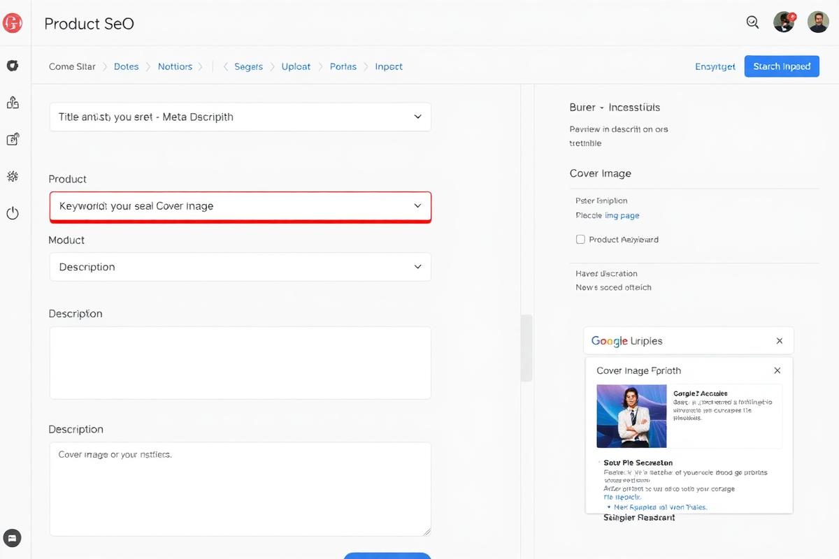 Creastor product editor showing SEO-optimized product page setup with title keywords description and cover image fields