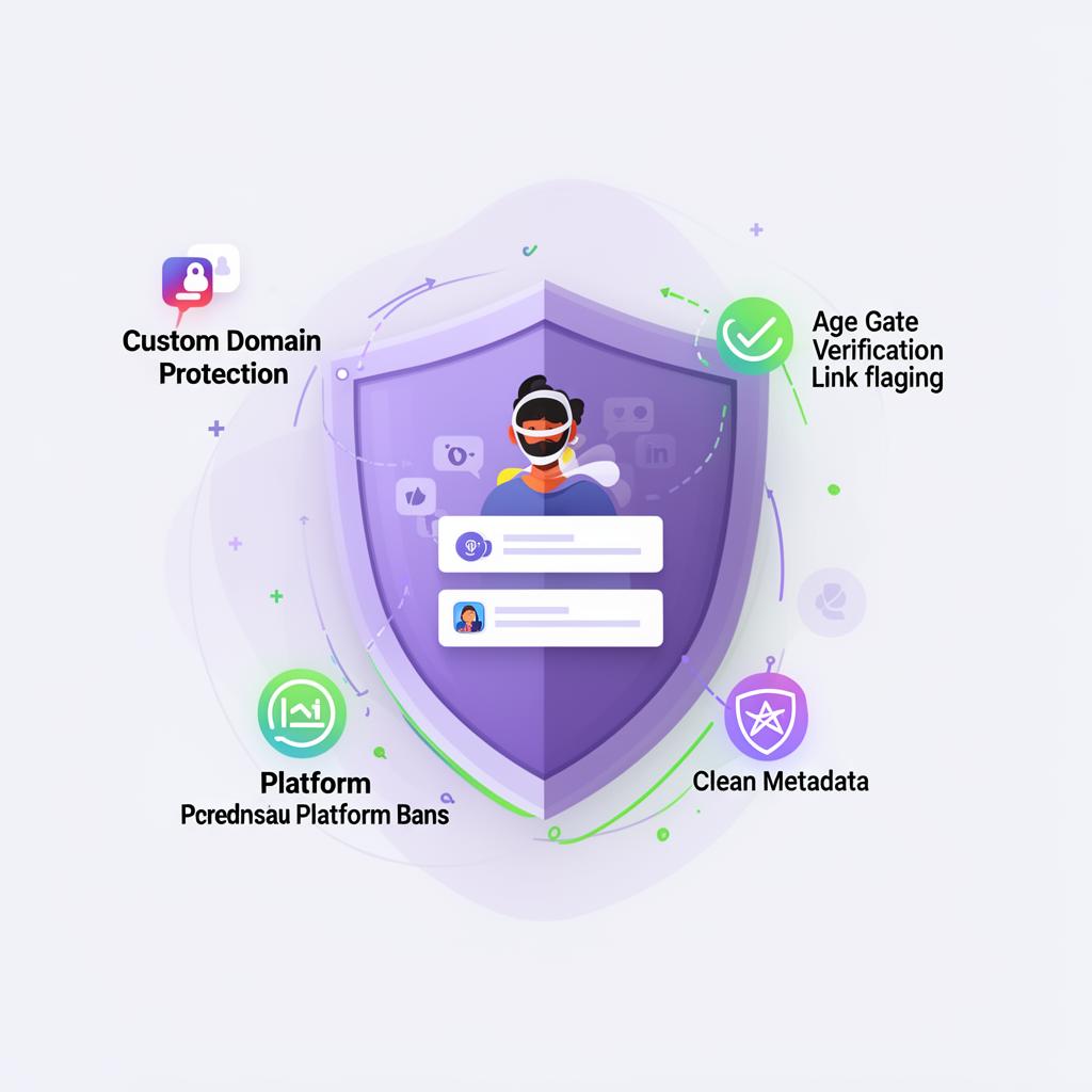 Illustration showing custom domain protection shield preventing social media link bans with age gate verification and clean metadata features