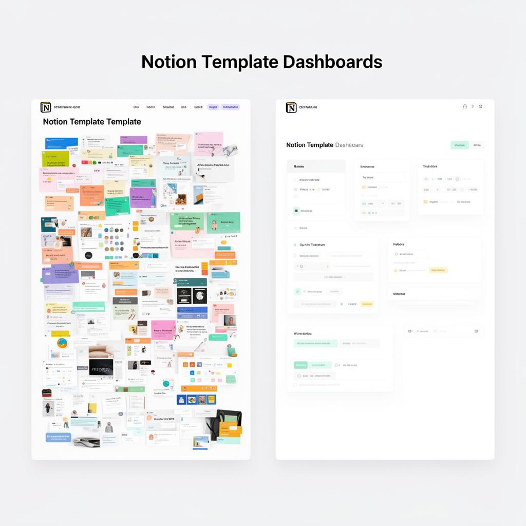 Side-by-side comparison of a cluttered versus a clean Notion template dashboard showing professional design principles