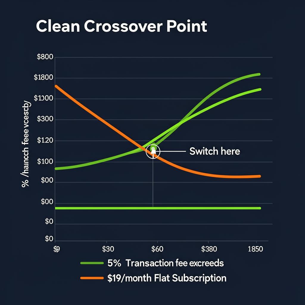 Chart showing the crossover point where Payhip free plan fees exceed Creastor flat monthly subscription