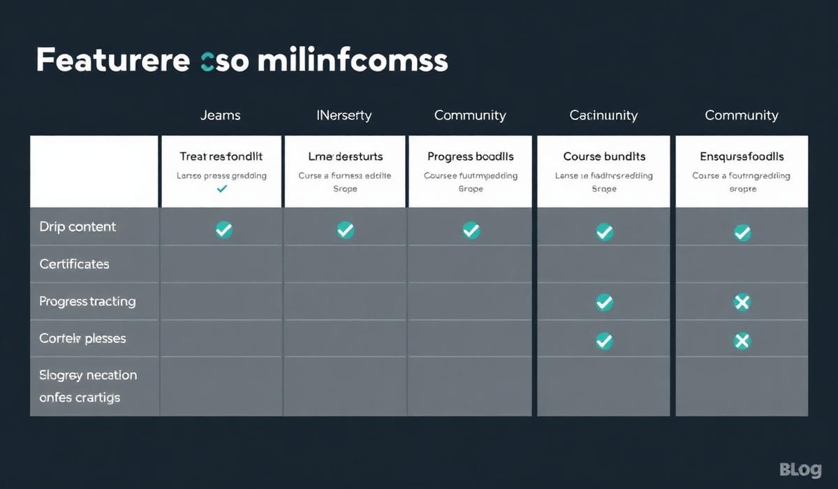 Feature comparison table of Payhip course builder versus dedicated course platforms showing gaps in advanced learning management features