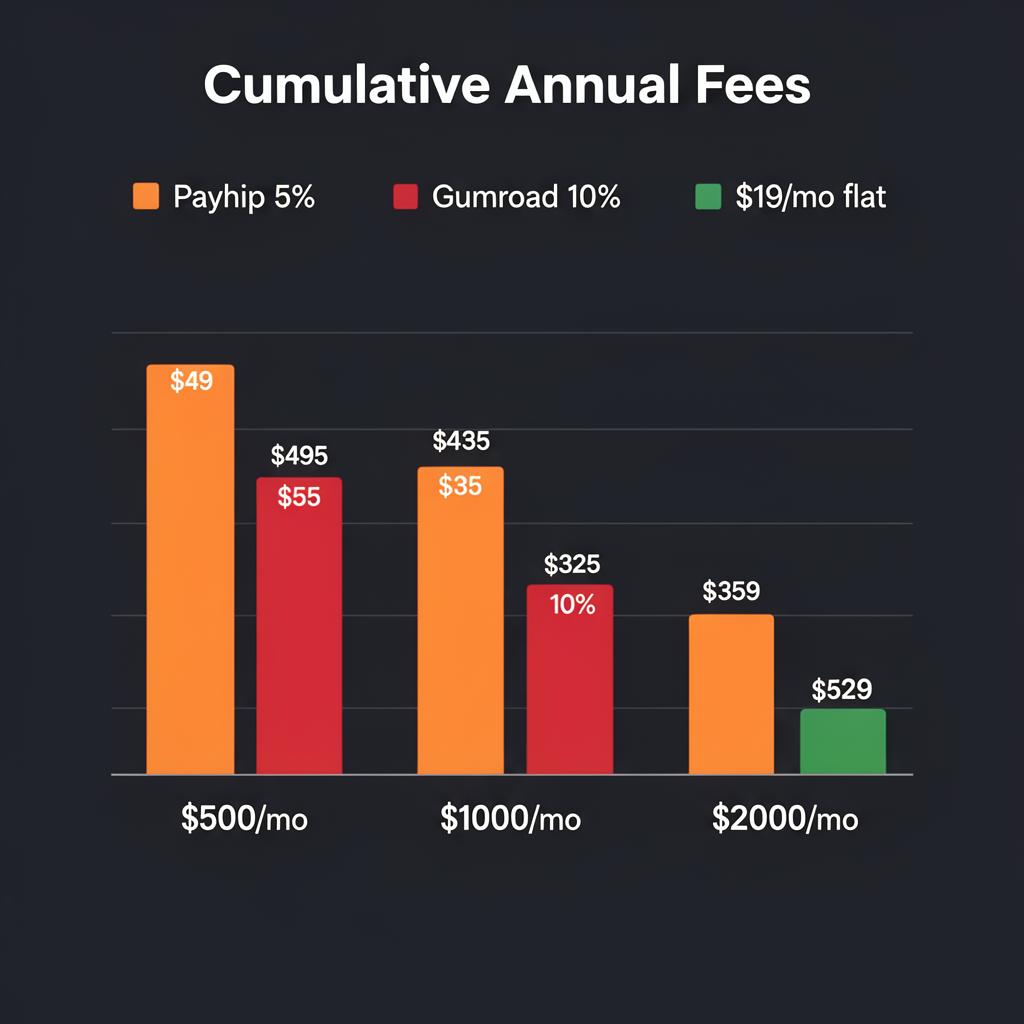 Bar chart showing cumulative annual fees paid to Payhip versus Gumroad versus Creastor at different revenue levels
