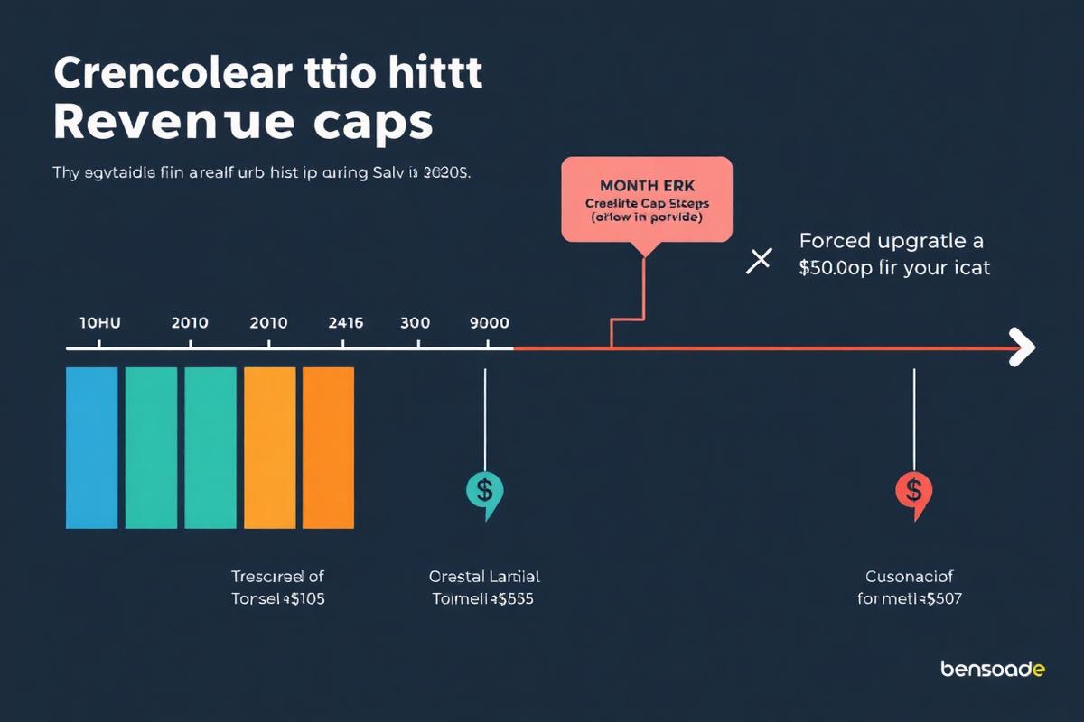 Timeline showing a creator hitting revenue caps and being forced to upgrade Sellfy plans with cost increases at each threshold