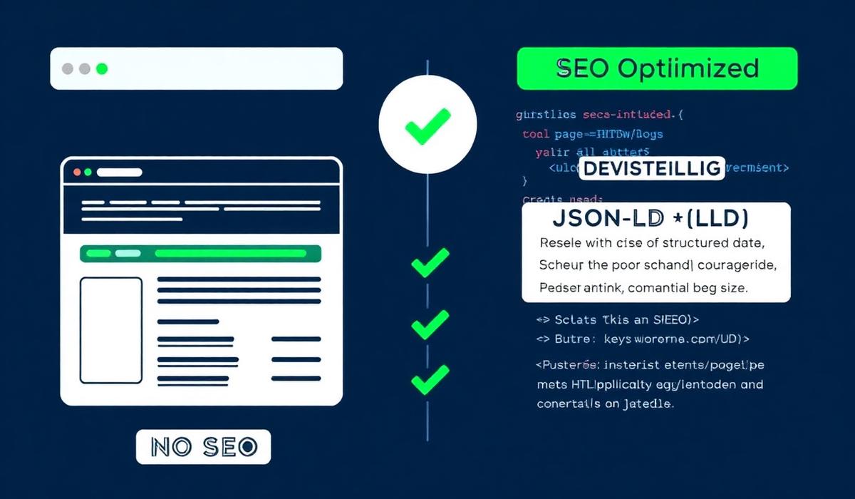 Technical SEO comparison diagram showing structured data presence meta tags and semantic HTML between an optimized and unoptimized product page