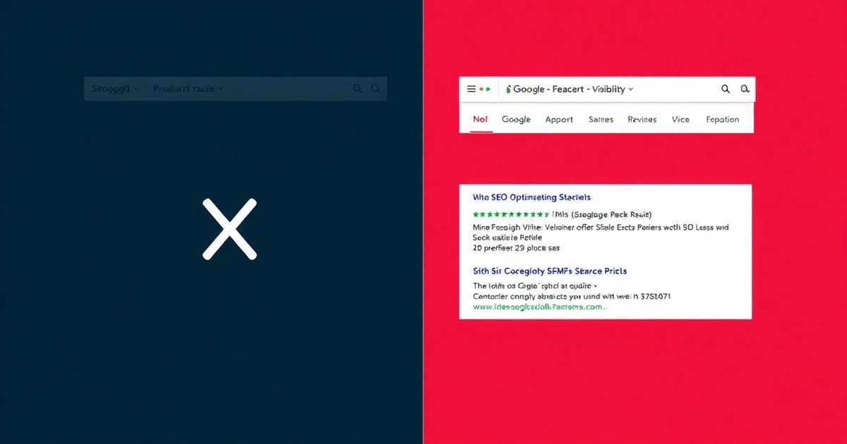 Split screen showing a Payhip product page with no Google visibility versus an SEO-optimized product page with search result preview and structured data markup