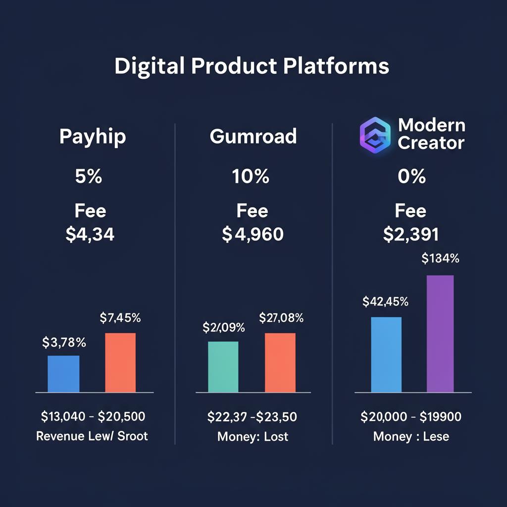 Three-way platform comparison showing Payhip Gumroad and Creastor fee structures side by side with revenue impact calculations