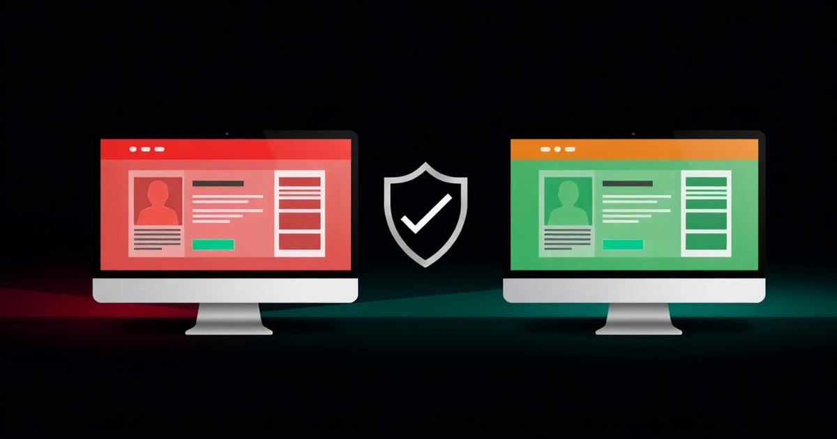 Comparison showing banned account screen versus protected account screen with shield checkmark for creator link safety
